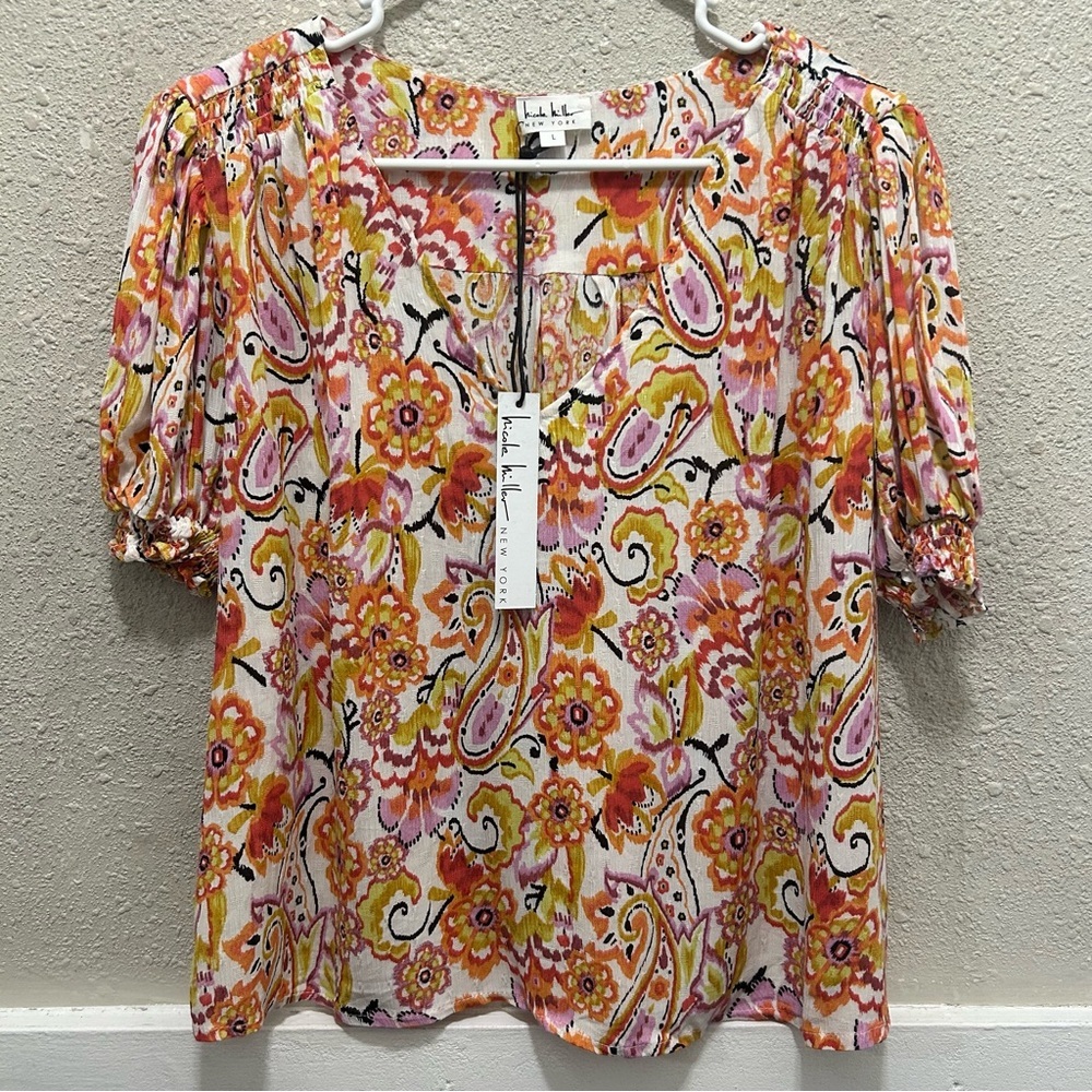 Nicole Miller Orange and Yellow Floral V-Neck Smocked Sleeve Blouse NWT L